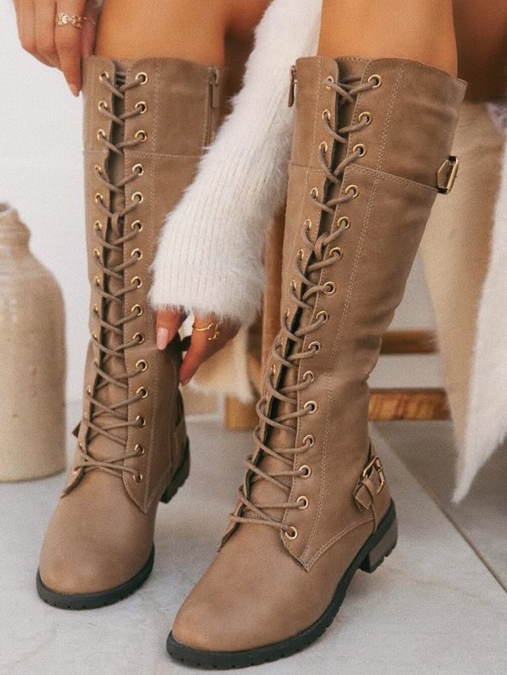 New Taupe Faux Leather Lace-Up Moto Combat Boots Knee High Block Heel Lug Sole